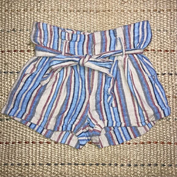 Sky & Sparrow, Linen Blend Boho Striped Shorts, Belted Tie, Juniors Small Beachy - Picture 1 of 8